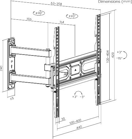 Brateck LPA78-443 TV Wall Mount with Arm up to 65" and 35kg Black