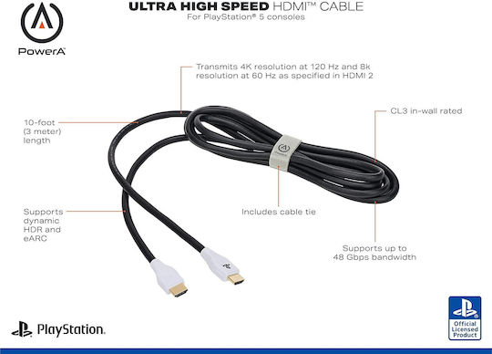 PowerA HDMI 2.1 Ultra High Speed 48Gbps 4K 120Hz HDR VRR Cable HDMI male - HDMI male 3m Μαύρο