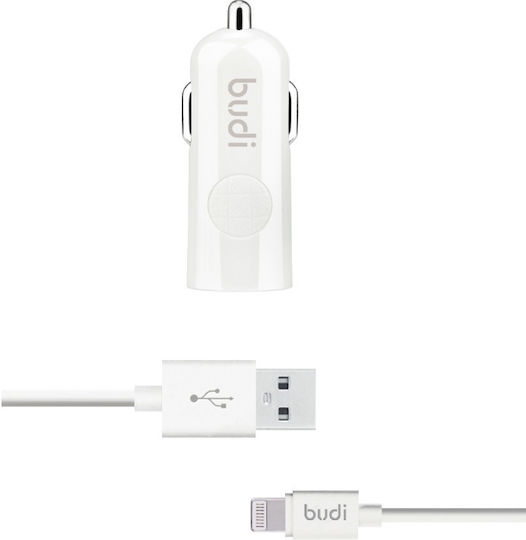 Budi Car Charger 12W 2.4A with One Port 1xUSB-A with Lightning Cable White Color