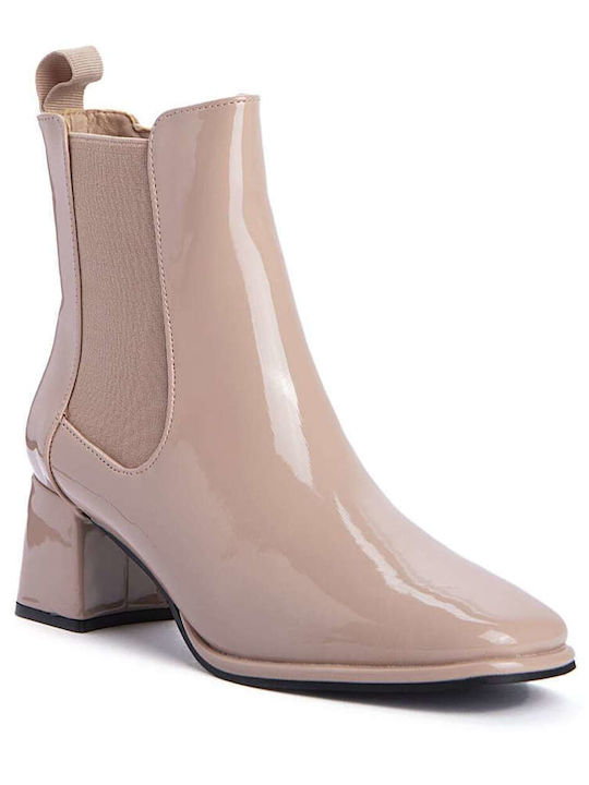 Keep Fred Women's Patent Leather Medium Heel Chelsea Boots Beige