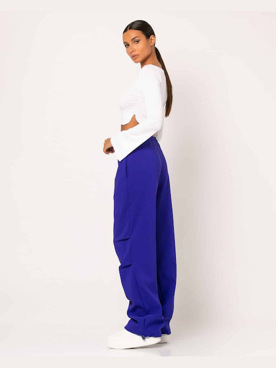 Noobass Damen Stoff Hose mit Gummizug Blau