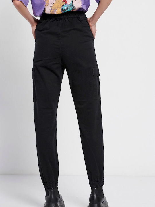 Women's High-waisted Fabric Cargo Trousers Regular Fit Black