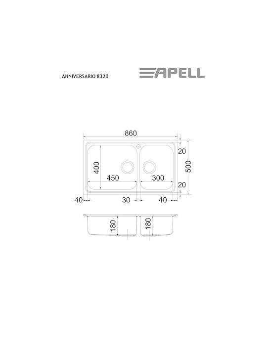 Apell Anniversario 8320-112 Drop-In Sink Left Inox Matte W86xD50cm Silver