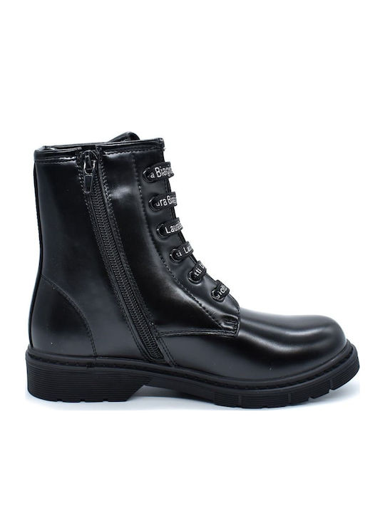 Lederne Kinderstiefel mit Schnürsenkeln Schwarz