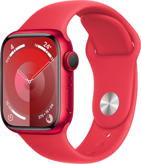 Apple Watch Series 9 Cellular Алуминий 41мм Водоустойчив с eSIM и Пулсомер ((ПРОДУКТ)ЧЕРВЕН спортен ластик (S/M))