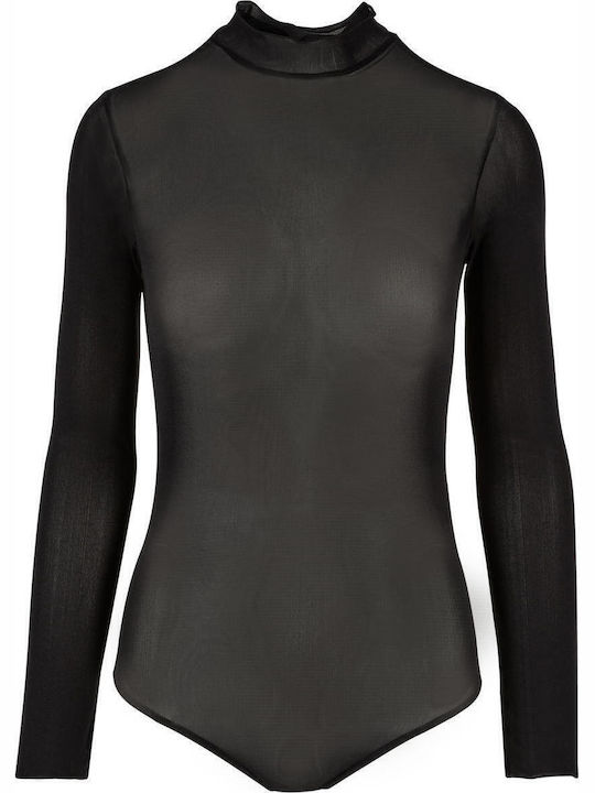 Long Sleeve Turtleneck Bodysuit with Transparency Slim Fit Black