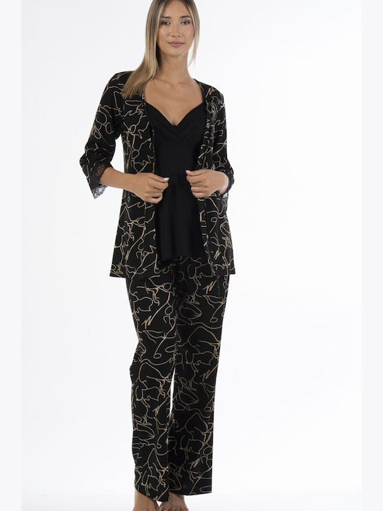 Secret Point Winter Damen Pyjama-Set Baumwolle Schwarz