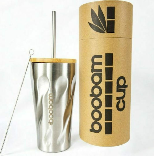 Boobam Ποτήρι Θερμός Ανοξείδωτο 450ml Ασημί με Καλαμάκι