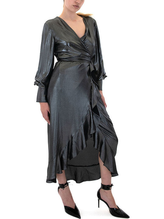 Midi Abendkleid Wickel mit Rüschen Silber