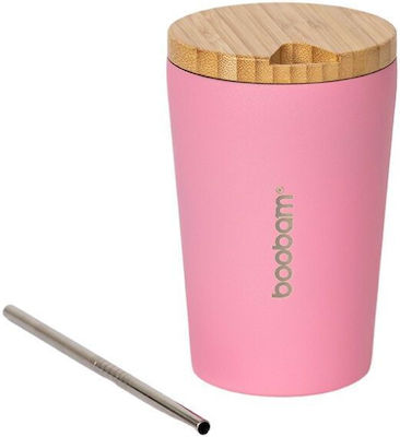 Boobam Cup Lite Glass Thermos Stainless Steel Pink 350ml with Straw