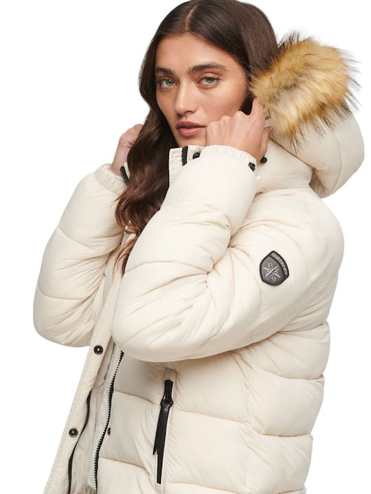 Superdry W D3 Ovin Faux Women's Short Puffer Jacket for Winter Beige