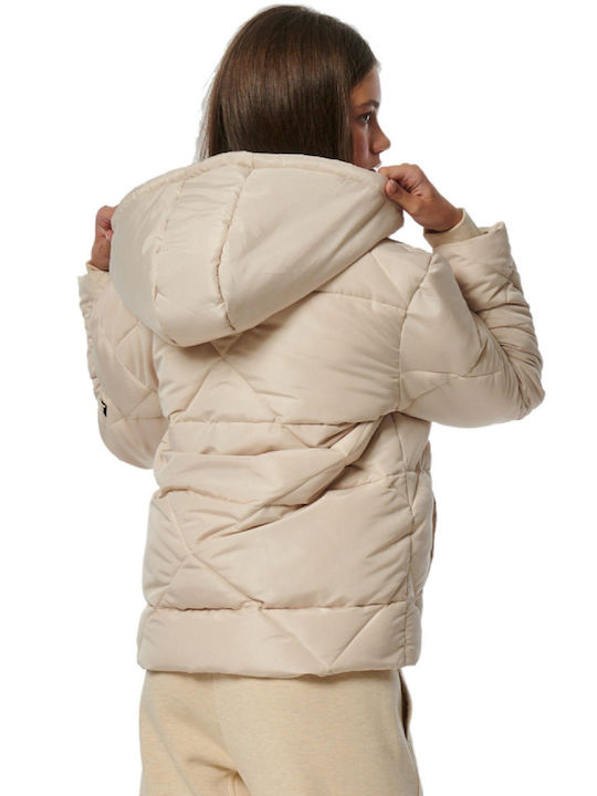 Κοντό Γυναικείο Puffer Μπουφάν για Χειμώνα French Oak Beige