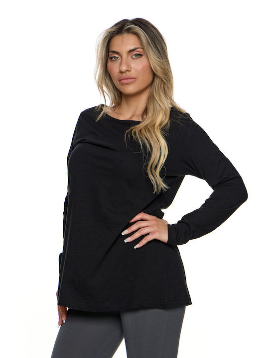Bodymove Women's Blouse Cotton Long Sleeve with Smile Neckline Black