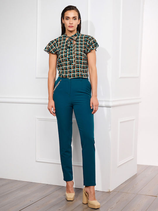 Women's Blouse Short Sleeve with V Neckline Green