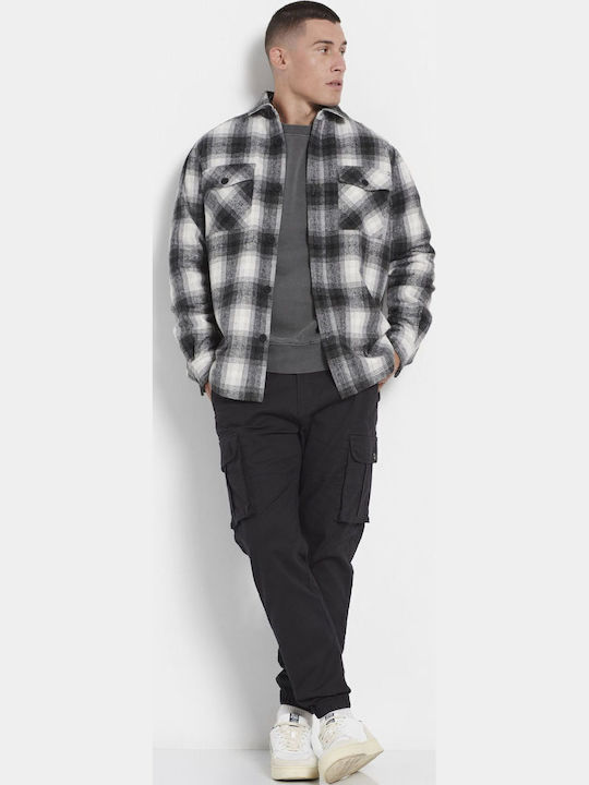 Long Sleeve Flannel Overshirt in Regular Fit Checked Black