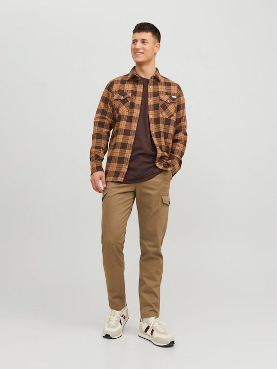 Jack & Jones Men's Shirt Long Sleeve Flannel Checked Brown