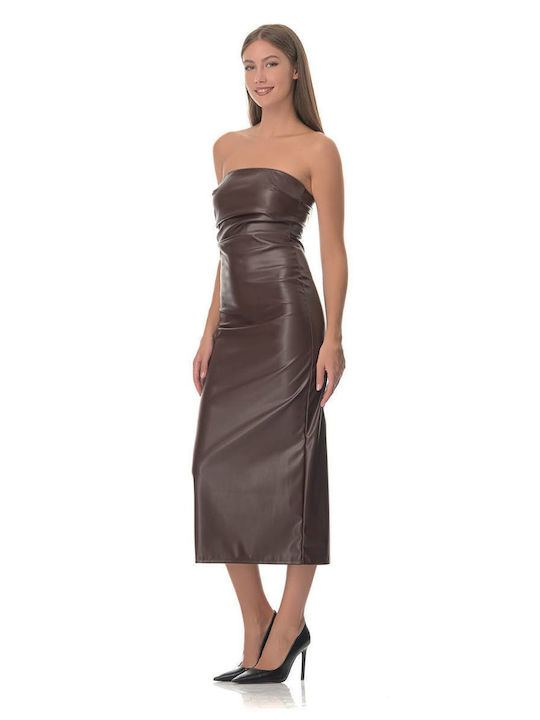 Sushi's Closet Midi Dress Leather with Slit Brown