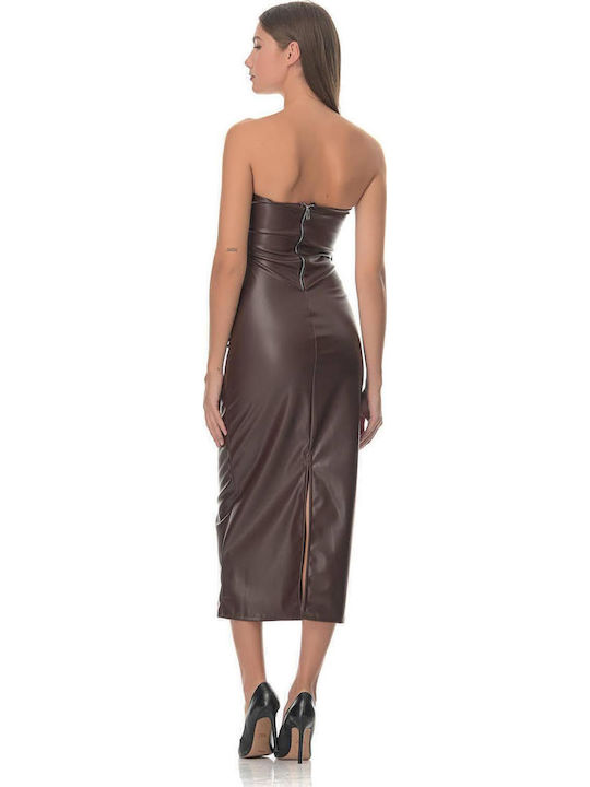 Midi Evening Strapless Leather Dress with Tearing Brown