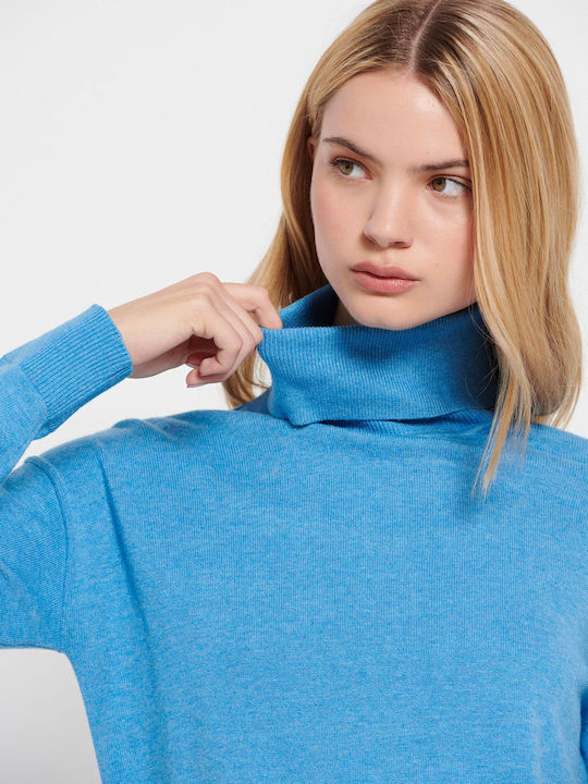 Women's Long Sleeve Sweater Cotton Turtleneck Blue