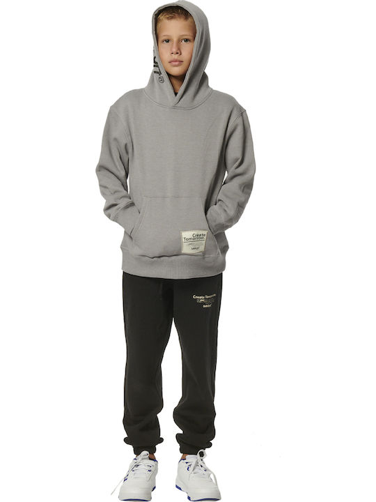 Fleece Παιδικό Φούτερ με Κουκούλα και Τσέπες Γκρι