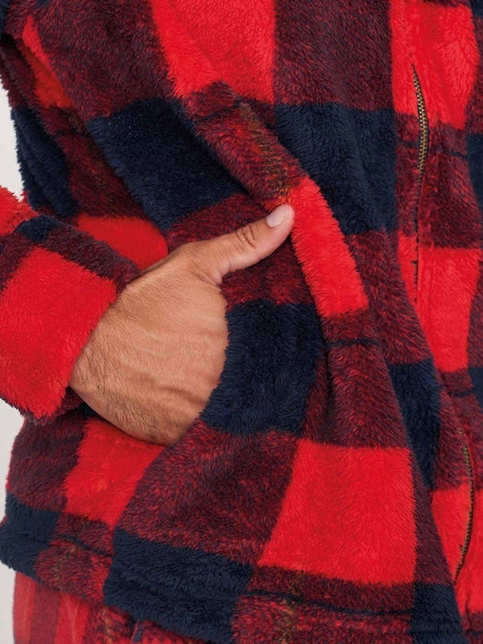 Muydemi Men's Winter Fleece Checked Pajama Robe Red