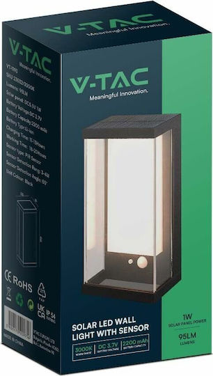 V-TAC Wall Mounted Solar Light 1W 95lm Warm White 3000K with Motion Sensor IP54 12.6cmx8.3cmx25.2cmcm