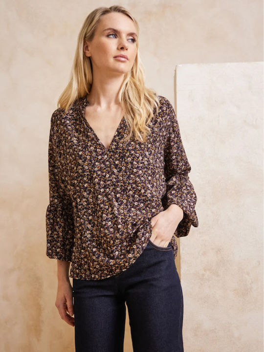 Enzzo Tunic Long Sleeve with V Neckline Floral Brown