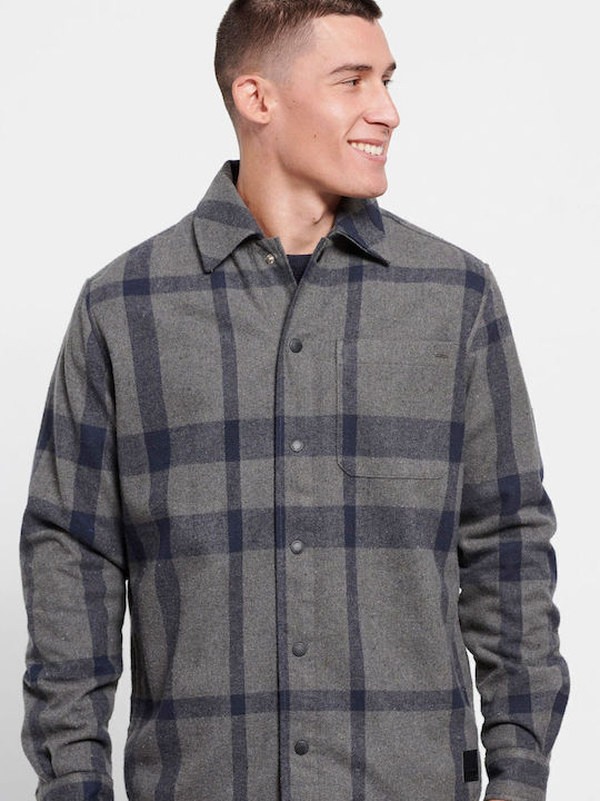 Дълъг Ръкав Фланелена Overshirt с Прекалено Голяма Линия Каре Сив