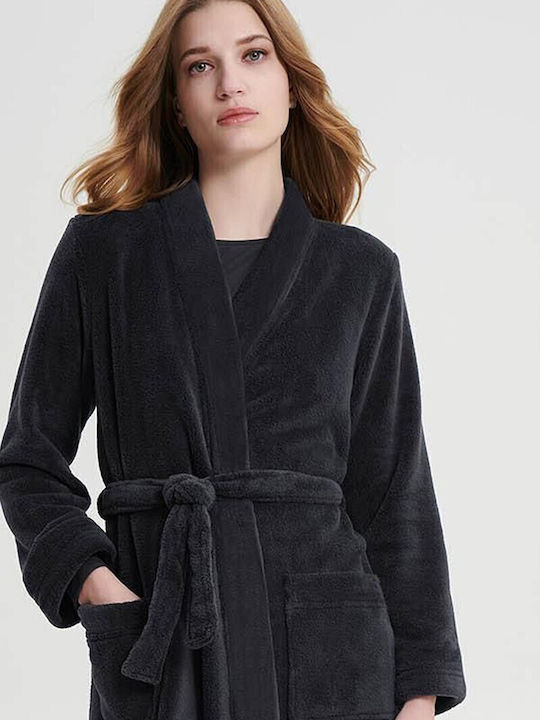 Vamp Χειμερινή Γυναικεία Fleece Ρόμπα Γκρι