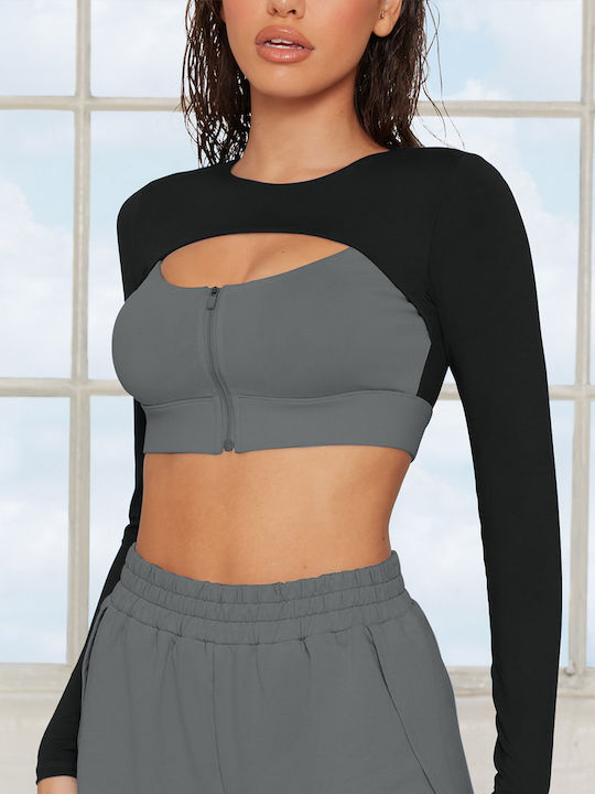 Lorena Γυναικείο Αθλητικό Crop Top Μακρυμάνικο Γκρι