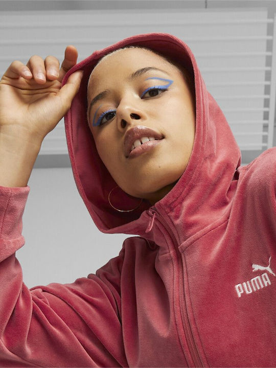 Elevated Women's Sweatshirt Jacket Velvet Hooded Red