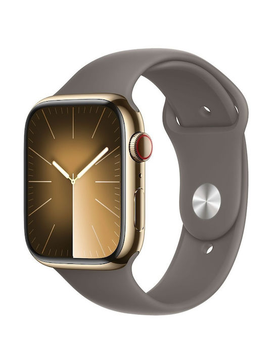 Apple Watch Series 9 Cellular Stainless Steel 45mm Αδιάβροχο με eSIM και Παλμογράφο (Gold με Clay Brown Sport Band (M/L))