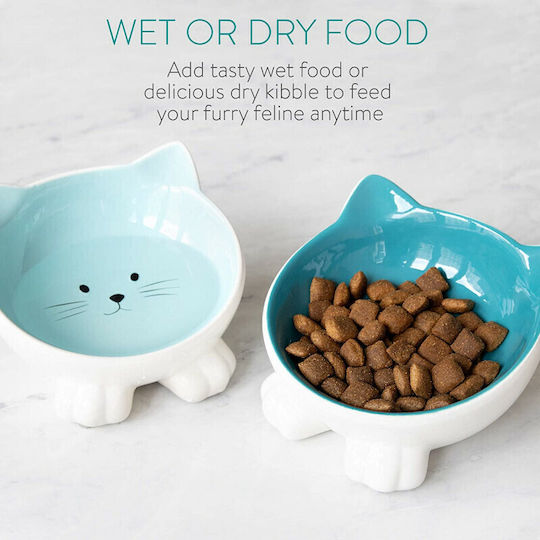 Navaris Ceramic Bowl Food & Water for Dog & Cat with Base in Blue Color 2pcs
