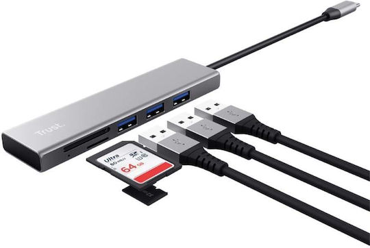 Trust Halyx USB-Hub mit 3 Anschlüssen USB 3.0 und USB-C Verbindung Graue