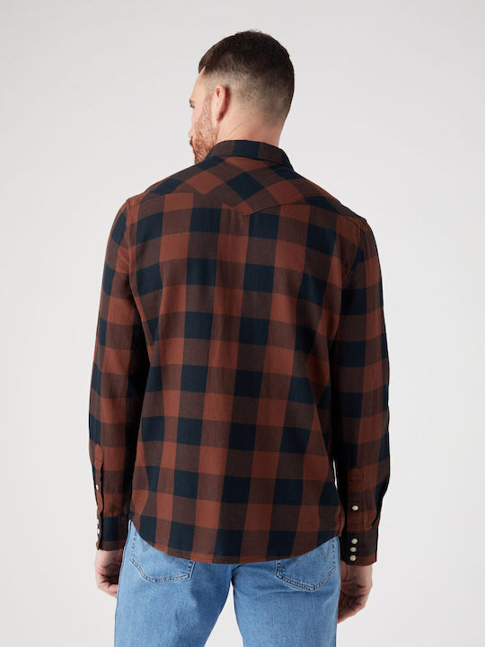 Long-sleeved Cotton Shirt Checked Brown