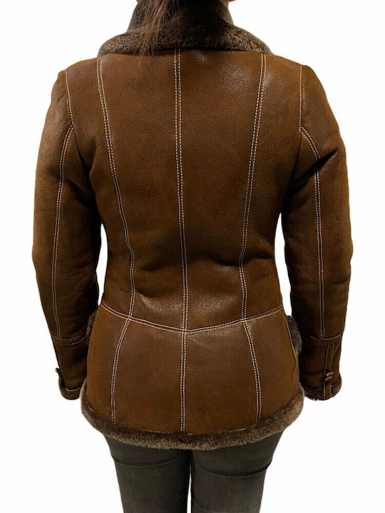 Mouton Women's Brown Peacoat with Fur Details
