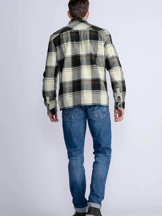 Μακρυμάνικo Βαμβακερό Overshirt σε Κανονική Γραμμή Καρό Καφέ
