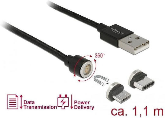 DeLock Плетена / Магнитен USB към Type-C / micro USB Кабел 2.4Спецификация Черен 1.1м (85723)