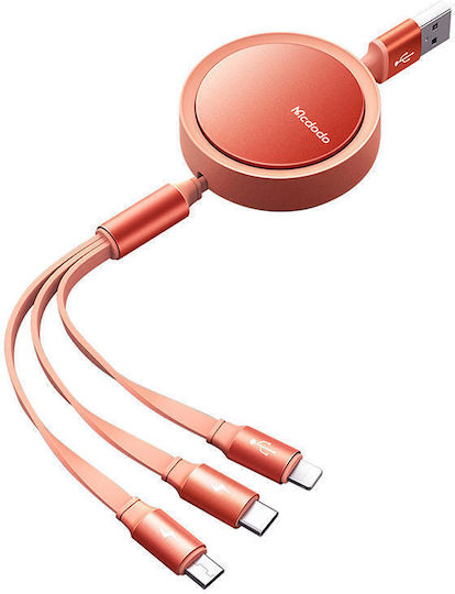 Mcdodo Flat / Retractable USB to Lightning / Type-C / micro USB 1.2m 3A Cable Orange (CA-7252)