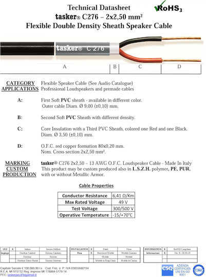 Tasker Tasker Lautsprecherkabel Unterminiert 1m C276
