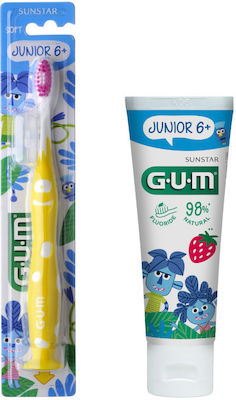 GUM Promo Junior Jungle Set Periuță de Dinți pentru Copii și Bebeluși cu Gust de Căpșuni pentru 6+ ani 50ml Galben