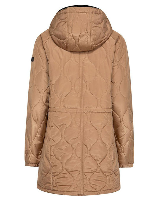 DKNY Women's Short Puffer Jacket for Winter with Hood Beige