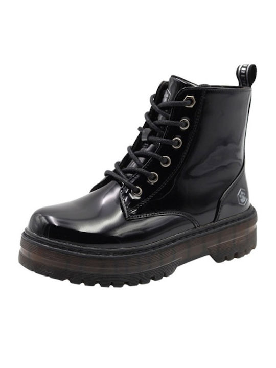 Lumberjack Kids Patent Leather Military Boots with Zipper Black