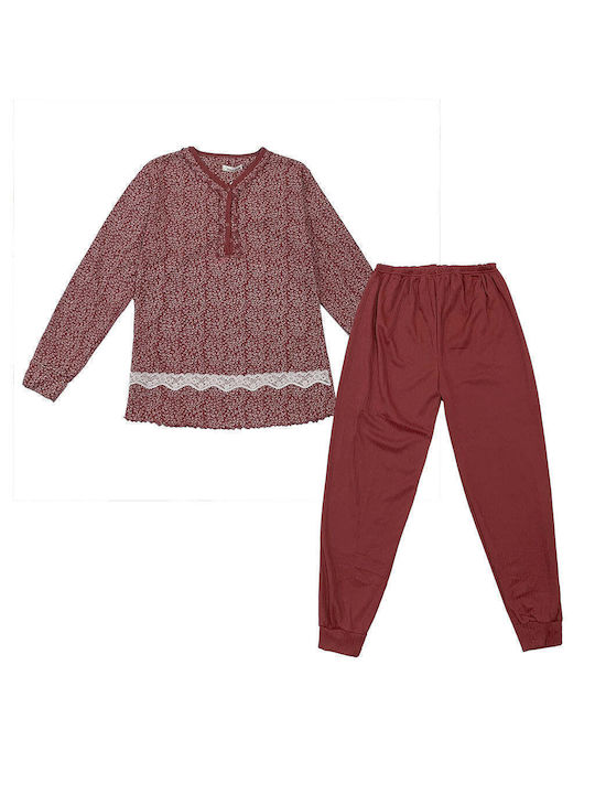 Ustyle Winter Damen Pyjama-Set Baumwolle Burgundisch