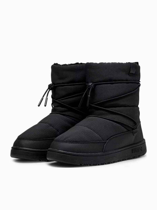 Synthetic Leather Snow Boots with Laces & Fur Snowbae Black