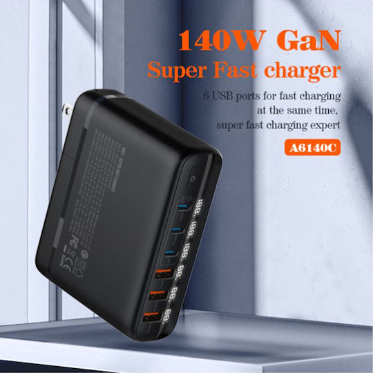 Ldnio Mobile Phone Charger Without Cable GaN With 3 USB-A Ports And 3 USB-C Ports 140W Power Delivery / Quick Charge 3.0 Black (A6140)