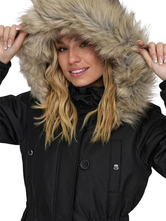Iris Women's Short Puffer Jacket for Winter with Hood Black/beige