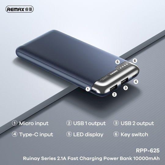 Remax RPP-625 Power Bank 10000mAh 15W cu 2 Porturi USB-A și Port USB-C Livrarea energiei Albastru