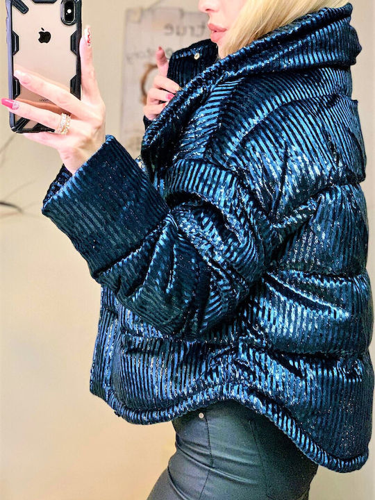 Woman's Fashion Κοντό Γυναικείο Puffer Μπουφάν για Χειμώνα Μπλε