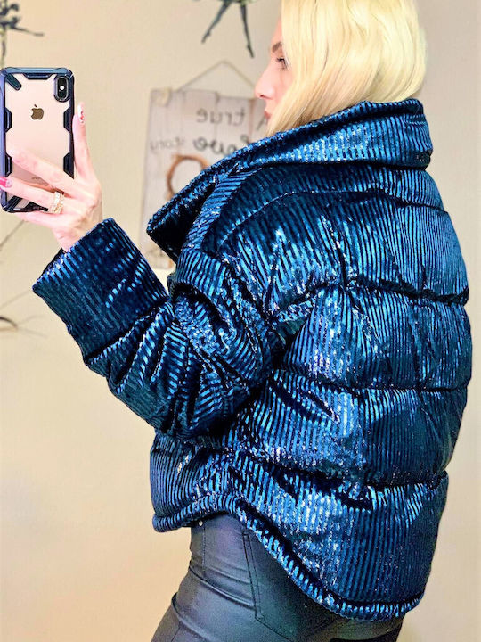 Women's Short Puffer Jacket for Winter Blue